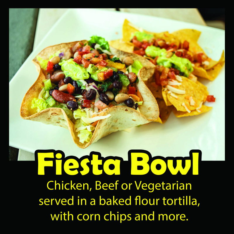 Fiesta Bowl: Chicken, beef or vegetarian served in a baked flour tortilla with corn chips and more.