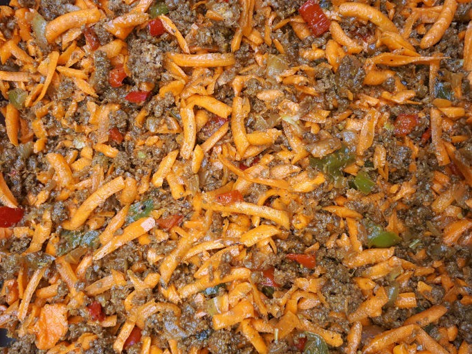 Close up of Beef Burrito ingredients.