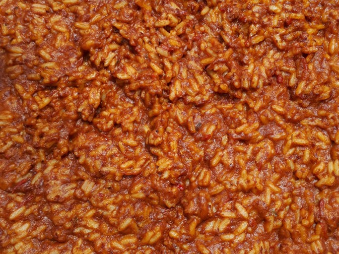 Close up of Rice and Beans Burrito ingredients.
